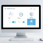 Quels réglages de confidentialité choisir pour les données IA Doctolib ? Ordinateur affichant une interface sobre de compte de santé avec des réglages visuels de confidentialité et une option distincte de désactivation d’un projet d’intelligence artificielle.