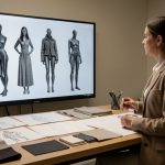 Comment évaluer ce que l’intelligence artificielle crée dans la mode et les arts ? Une directrice artistique observe des silhouettes de mode générées par intelligence artificielle sur un grand écran, avec des croquis papier et des échantillons textiles disposés sur une table dans un studio sobre.