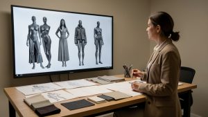Une directrice artistique observe des silhouettes de mode générées par intelligence artificielle sur un grand écran, avec des croquis papier et des échantillons textiles disposés sur une table dans un studio sobre.