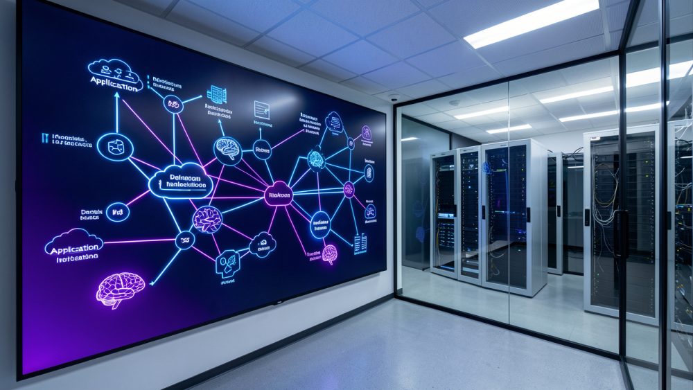 Salle de supervision informatique moderne présentant une carte abstraite des dépendances entre applications, infrastructure cloud et modèles d’intelligence artificielle.