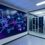 Salle de supervision informatique moderne présentant une carte abstraite des dépendances entre applications, infrastructure cloud et modèles d’intelligence artificielle.
