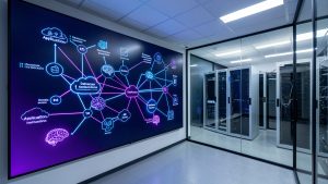 Salle de supervision informatique moderne présentant une carte abstraite des dépendances entre applications, infrastructure cloud et modèles d’intelligence artificielle.