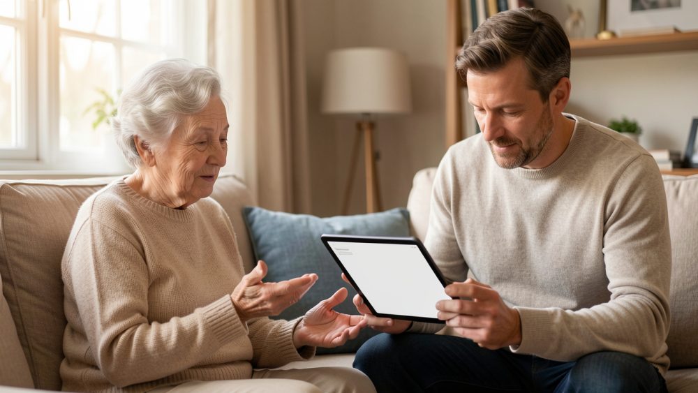 Une femme âgée raconte ses souvenirs dans un salon calme tandis qu’un homme vérifie attentivement une tablette affichant une interface de consentement.